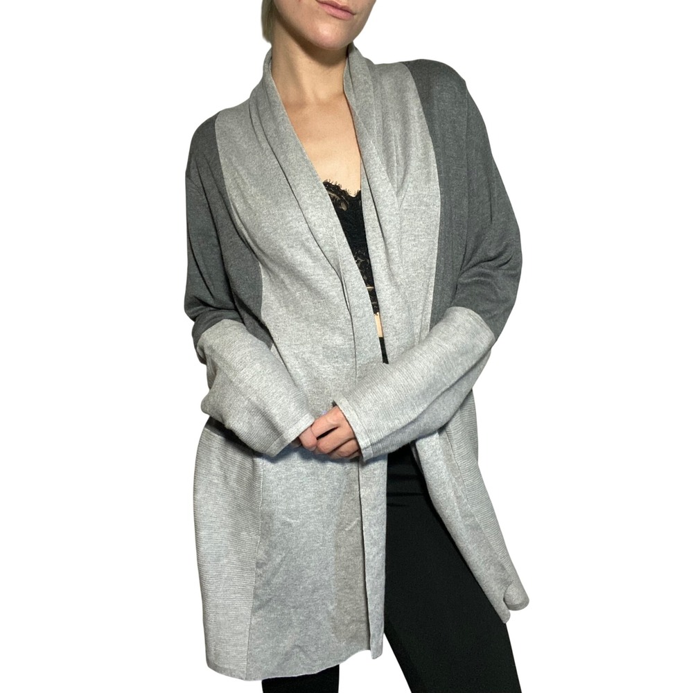 89th + Madison Cozy Grey Colorblock Open Front Cardigan Ribbed Knit Soft - XL
